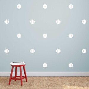 May include: A light blue wall adorned with white baseball decals. A red stool with a tablet on top sits in front of the wall. The floor is covered with a tan carpet.