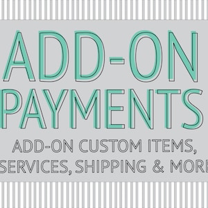 May include: A graphic with the text "ADD-ON PAYMENTS" in teal and black outlined letters. The text "ADD-ON CUSTOM ITEMS, SERVICES, SHIPPING & MORE" is below in black.