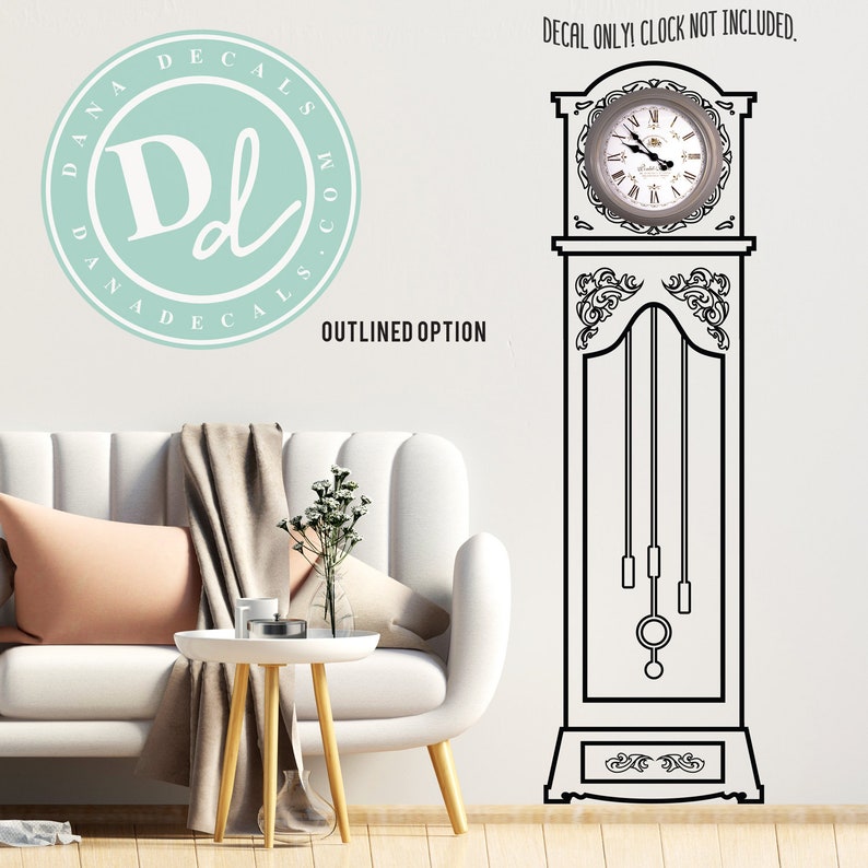 Detailed Antique Grandfather Clock Flat Vinyl Wall Decal Wall Decor Custom Vinyl Art Stickers Outlined or Solid Design, Doodled Design image 1