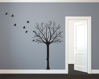 Leafless Tree Silhouette with Flock of Birds - Wall Decal Custom Vinyl Art Stickers for Kids Rooms, Nurseries, Classrooms, Bedrooms