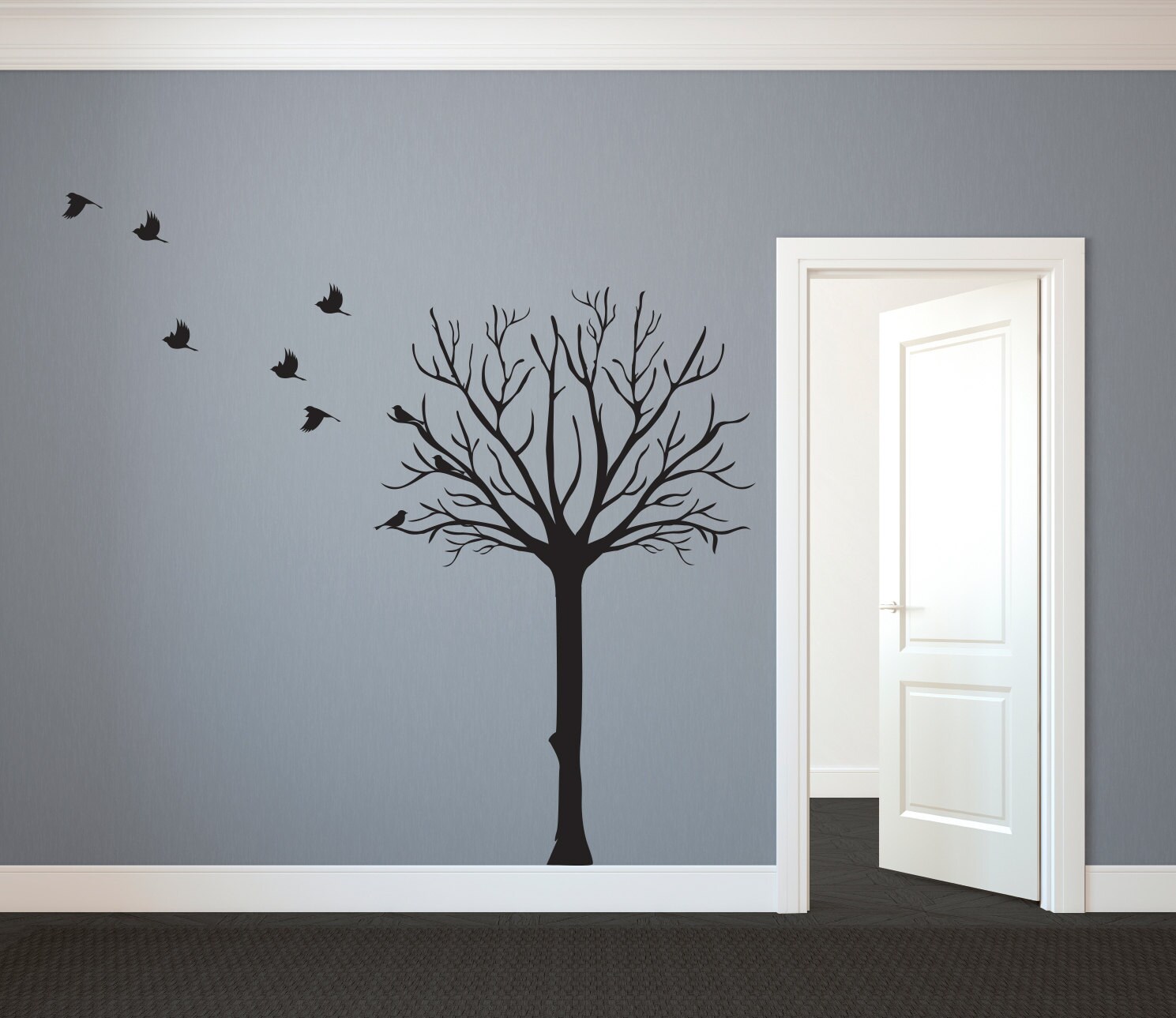 Leafless Tree Silhouette With Flock Of Birds Wall Decal Custom Vinyl Art Stickers For Kids Rooms Nurseries Classrooms Bedrooms