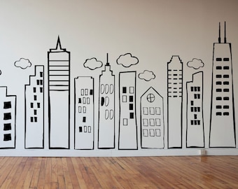 GROßER Gekritzelte Stadt Skyline -Wand-Kunst-Vinyl-Aufkleber für Kinderzimmer, Spielzimmer, Schlafzimmer, Tagesstätten, Schulen, Bibliotheken Superhelden-Raum