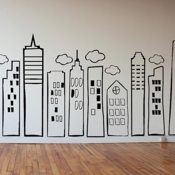 LARGE Doodled City Skyline -Wall Art Vinyl Decal for Kid's Rooms, Play rooms, Bedrooms, Day Cares, Schools, Libraries Super Hero Room