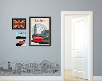 London Cityscape Wall Decal – Big Ben, Bus, Phone Booth Vinyl Art