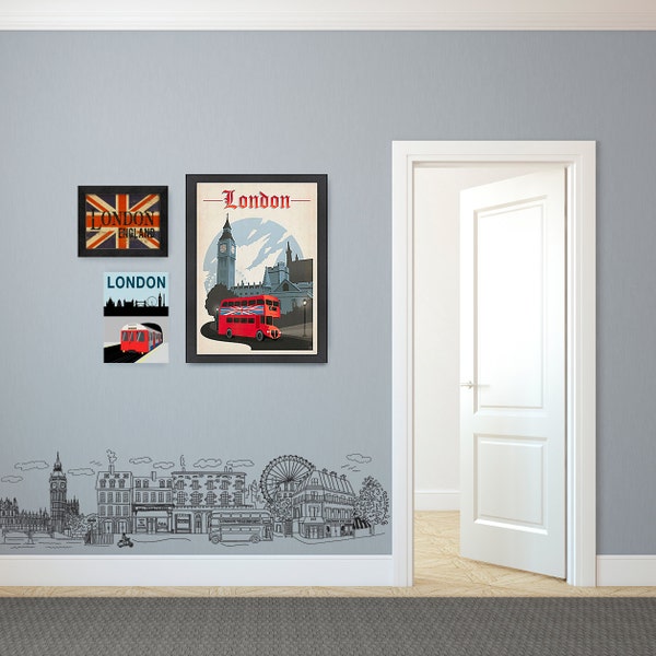 Whimsical Doodled London Big Ben Tower Street and City Scene - Wall Decal Custom Vinyl Art Stickers