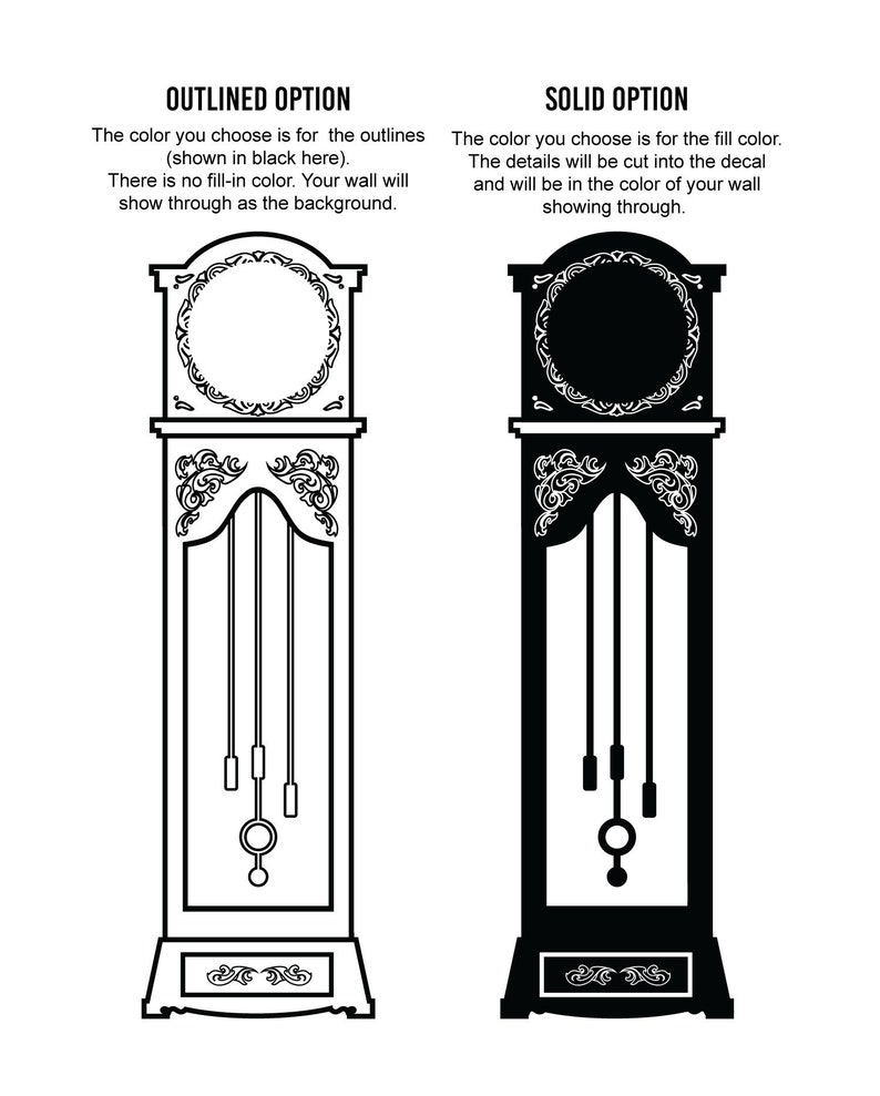 Detailed Antique Grandfather Clock Flat Vinyl Wall Decal Wall Decor Custom Vinyl Art Stickers Outlined or Solid Design, Doodled Design image 3