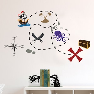 Juego de calcomanías de barco pirata y mapa del tesoro enterrado: calcomanías de vinilo personalizadas para aulas, habitaciones infantiles y guarderías.