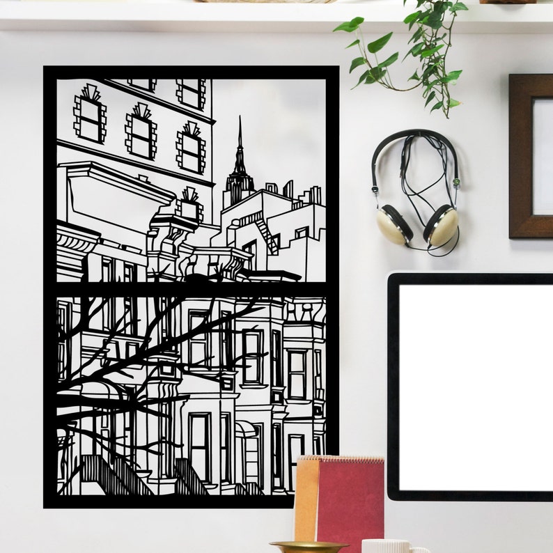 New York City Window Silhouette Scene Wall Decal Custom Vinyl Art Stickers image 1