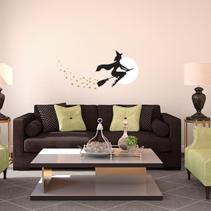Pretty Witch on a Broom Silhouette Halloween -  Wall Decal Custom Vinyl Art Stickers