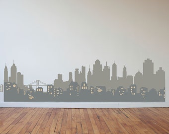 Layered City Skyline Silhouette with City Lights - Wall Decal Custom Vinyl Art Stickers