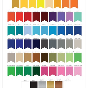 May include: A color chart displaying a variety of vinyl colors with a matte finish. The chart includes shades of yellow, orange, red, blue, green, pink, gray, and brown. It also features metallic and transparent options.