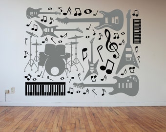 Drums, Guitars, Keyboards, and Music Notes Collage Rock Star Collection - Wall Decal Custom Vinyl Art Stickers for Musicians, Homes, Schools