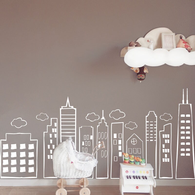 SMALL Whimsical Doodled City Skyline -Wall Art Vinyl Decal for Kid's Rooms, Play rooms, Bedrooms, Day Cares, Schools, Libraries Super Hero