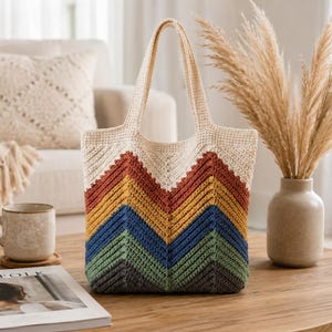 Crochet Tote Bag Pattern | Chevron Color Block Market Bag (PDF Download)