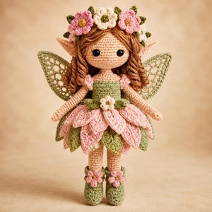 May include: A crochet doll featuring a fairy design with brown yarn hair, pointed ears, and a flower crown. The doll wears a green bodice, a skirt made of layered pink and green petals, and green boots with small pink flowers on the front.