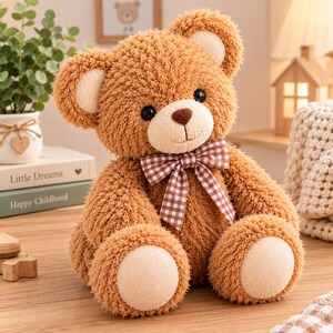 May include: A plush teddy bear with textured light brown fur, round ears with cream-colored centers, and a dark brown nose. The bear features a brown and white gingham patterned bow tie around its neck and cream-colored patches on its feet.