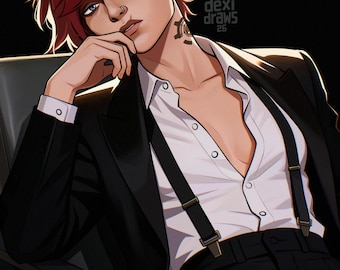 May include: A digital illustration of a person with short red hair, a nose ring, and a Roman numeral VI tattoo under the eye. They wear a black blazer, a white button-down shirt with a partially open collar, and black suspenders over black trousers.