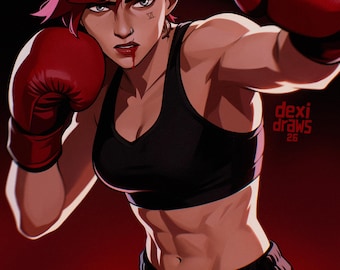 May include: A digital illustration of a boxer with short pink hair, wearing a black sports bra and red and black boxing shorts with the Roman numeral VI on the waistband. The boxer wears red boxing gloves, has a small VI tattoo, and text dexi draws 26.