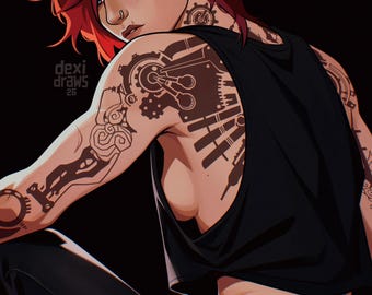 May include: A digital illustration of a person with short red hair, blue eyes, and a nose ring, wearing a black sleeveless crop top and black pants. The person has extensive mechanical gear and clockwork tattoos on their back, shoulder, and arm.