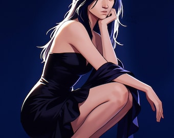 May include: A digital illustration of a person with long dark hair wearing a strapless black dress with a ruffled hem and a matching wrap. The person is crouching and wearing silver high-heeled sandals against a solid dark blue background.