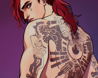 May include: A digital illustration of a person with red hair and an undercut, featuring a Roman numeral VI tattoo under the right eye and a nose ring. The back is covered in an intricate black ink tattoo depicting mechanical gears and steam.
