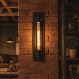 May include: A vertical wall-mounted light fitting featuring a matte black metal frame and a long, cylindrical glass tube. Inside the glass, a warm-toned, glowing filament bulb emits a soft, golden light against a textured red brick wall surface.
