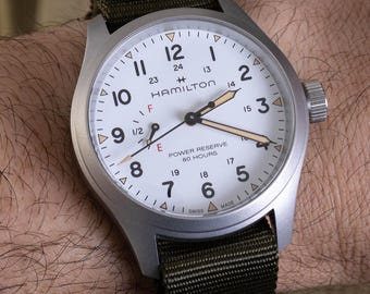 Vintage HAMILTON Khaki Feld Mechanische Uhr | Armbanduhr mit weißem Zifferblatt | 80 Stunden Gangreserve | Swiss Made Herrenuhr | Luxus Geschenk