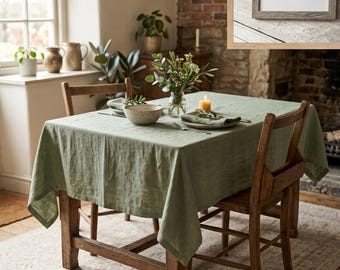 Mantel de lino verde salvia, 100% lino lavado, mantelería de estilo rústico para mesa de comedor, mantel campestre, tamaños personalizados.