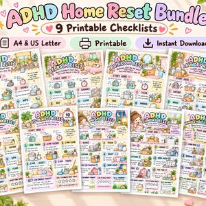 Pacchetto di checklist per le pulizie domestiche per persone con ADHD: 9 stampabili per riorganizzare la casa, semplice routine di pulizia in PDF