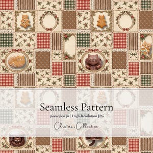 Weihnachtliches Digitalpapier, nahtloses Muster mit Weihnachtsstämmen und Lebkuchenkatzen, Vintage-Patchwork-Weihnachts-Scrapbook-Papier, festliches JPG für kommerzielle Nutzung