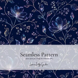 Peut inclure: Un motif répétitif composé d'illustrations florales translucides et lumineuses dans des tons de bleu, violet et blanc sur un fond bleu marine. Le design présente des tiges, des feuilles et des fleurs délicates. Texte : Seamless Pattern, 3600x3600 px | High-Resolution JPG, Luminous Indigo Garden.