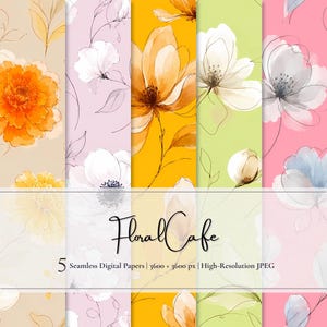 Op de afbeelding: Vijf verticale panelen van digitaal papier met bloemmotieven in oranje, lichtroze, geel, lichtgroen en roze. De tekst FloralCafe 5 Seamless Digital Papers | 3600 x 3600 px | High-Resolution JPEG staat gecentreerd over de ontwerpen.