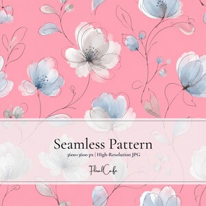 以下が含まれることがあります： 水彩画風の淡い青と白の花、細い黒い茎が描かれたシームレスなパターンで、背景は無地のピンクです。白い長方形のオーバーレイには、Seamless Pattern、3600x3600 px | High-Resolution JPG、およびFloralCafeというテキストが記載されています。