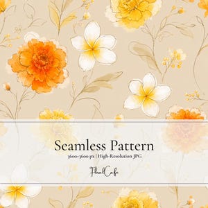 Botanical Seamless Pattern | Floral Luxe Digital Paper | Marigold, Plumeria | Modern Botanical Print for Scrapbooking, Crafts