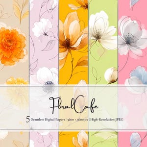 Nahtlose botanische Muster | Luxuriöses digitales Papier mit floralen Motiven | Ringelblume, Frangipani, Anemone, Duftwicke, Magnolie | Matcha- und Mokka-Hintergrund