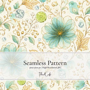 Botanical Seamless Pattern | Crystal Mint Bloom Digital Paper | Mint Green & Gold | Summer Floral Print for Scrapbooking, Crafts