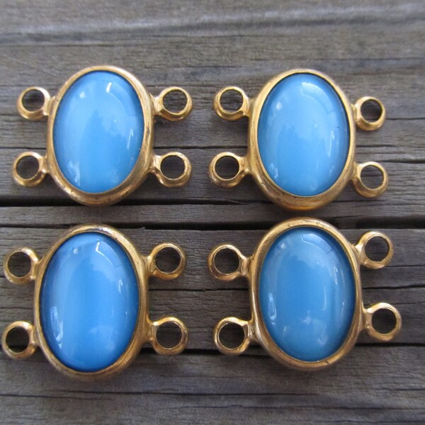 Gorgeous Vintage Blue Glass Cabochon Connectors, 4 Pieces