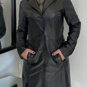 Vintage 90s Women's Black Leather Trench Coat Real Leather Mid Length Button Up Blazer Jacket Gothic Matrix Y2K Winter Outerwear