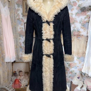 Womens Black Suede Leather Shearling Penny Lane Coat Vintage Afghan Hooded Suede Coat Toggle Button Fur Trim Trench Coat Gifts For Her