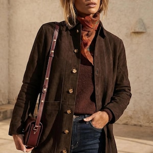 Dark Brown Suede Leather Blazer Women Vintage Suede Jacket Button Down Shirt Classic Overcoat Western Shacket Lightweight Coat Gift Her