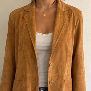 Women's Vintage Camel Suede Leather Blazer Tan Notch Lapel Patch Pocket Button Jacket Handcrafted Gift for Her