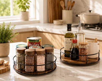 Acacia Wood Lazy Susan Turntable – Rotating Kitchen Organizer, Farmhouse Style Tray