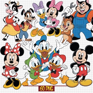 Puede incluir: Una colección de coloridos personajes de dibujos animados que incluye una vaca, un perro, Daisy, Minnie Mouse, una ardilla, Pete, el Pato Donald, dos patitos y Mickey Mouse, sobre un fondo de cuadrícula con el texto 60 PNG abajo.