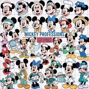Puede incluir: Una colección digital de 57 ilustraciones PNG que muestran a Mickey y Minnie Mouse vestidos con varios atuendos profesionales, incluidos astronauta, chef, enfermero, bombero y policía, sobre un fondo de cuadrícula blanca.