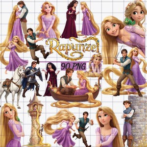Paquete de imágenes prediseñadas de Rapunzel, 90 PNG, personajes de princesas de cuentos de hadas, reino de fantasía (descarga digital)
