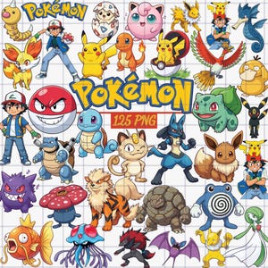 May include: A digital collection of various colorful Pokémon characters including Pikachu, Ash Ketchum, Bulbasaur, and Gengar, arranged on a white grid background with the yellow Pokémon logo and the text 125 PNG displayed prominently in the center.