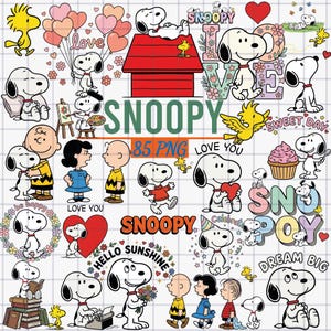 Peut inclure: Une collection numérique d'illustrations des personnages de Snoopy et Peanuts avec Snoopy, Woodstock, Charlie Brown et Lucy dans diverses poses, incluant les textes "SNOOPY", "LOVE", "85 PNG", "HELLO SUNSHINE", "DREAM BIG" et "LOVE YOU".