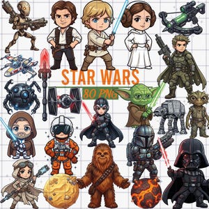 Puede incluir: Una colección de ilustraciones digitales con temática de Star Wars que incluye personajes estilo chibi como Luke Skywalker, Darth Vader, Yoda y Chewbacca, junto a naves, droides y armas, con el texto STAR WARS 80 PNG.