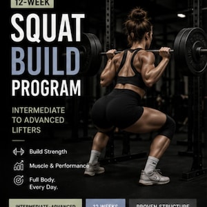Pode incluir: Um folheto digital para um programa de agachamento de 12 semanas com o texto 12-week squat build program, intermediate to advanced lifters, build strength, muscle and performance, full body every day, e proven structure.