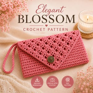 May include: A pink crochet clutch with a wrist strap and a circular bronze button closure. The text Elegant BLOSSOM CROCHET PATTERN is visible above the clutch, along with three circular icons labeled Instant Download, Step-by-Step Photos, and PDF Pattern.